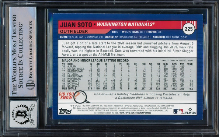Juan Soto 2021 Topps Big League #225 Mets Auto Signed Trading Card Beckett BAS