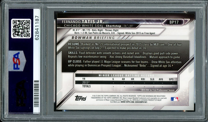 Fernando Tatis Jr Auto 2016 Bowman Prospects Yellow RC BP17 PSA 8 Auto 7 PSA/DNA