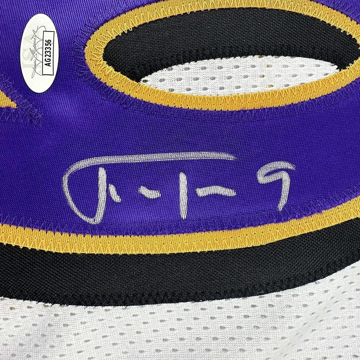 Framed Signed Justin Tucker 35x39 Baltimore White Jersey JSA COA