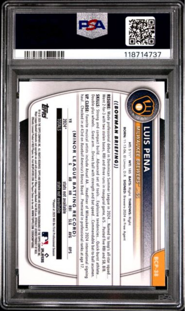 Graded 2025 Topps Bowman Mega Box Luis Pena #38 Rookie RC Baseball Card PSA 10