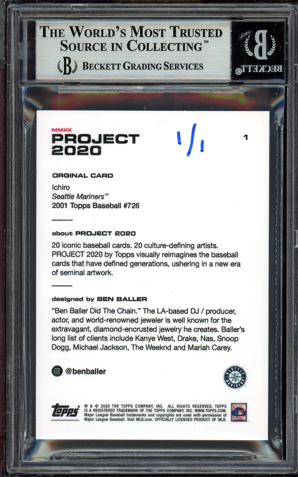 Ichiro Suzuki Signed Topps Project 2020 Ben Baller Card 1 04 262 #1/1 Beckett