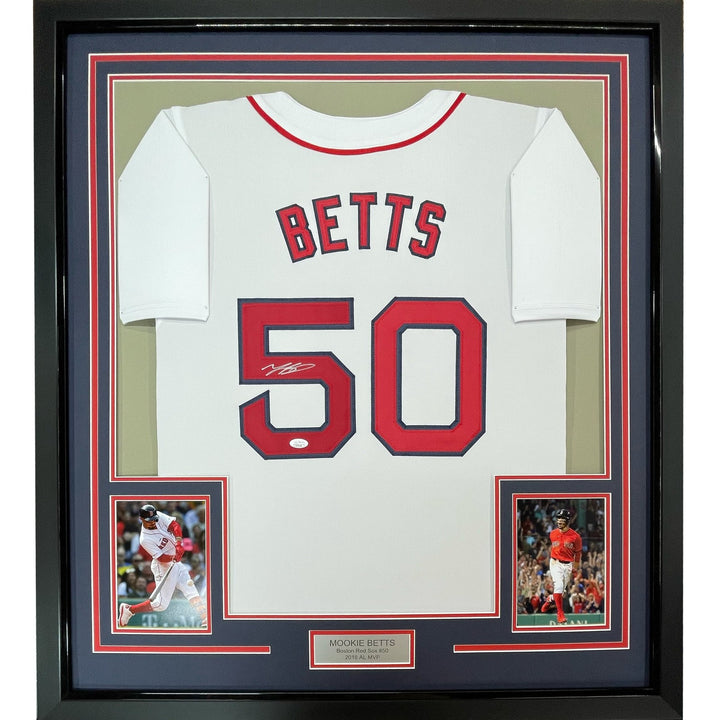 Framed Autographed/Signed Mookie Betts 35x39 Boston White Jersey JSA COA