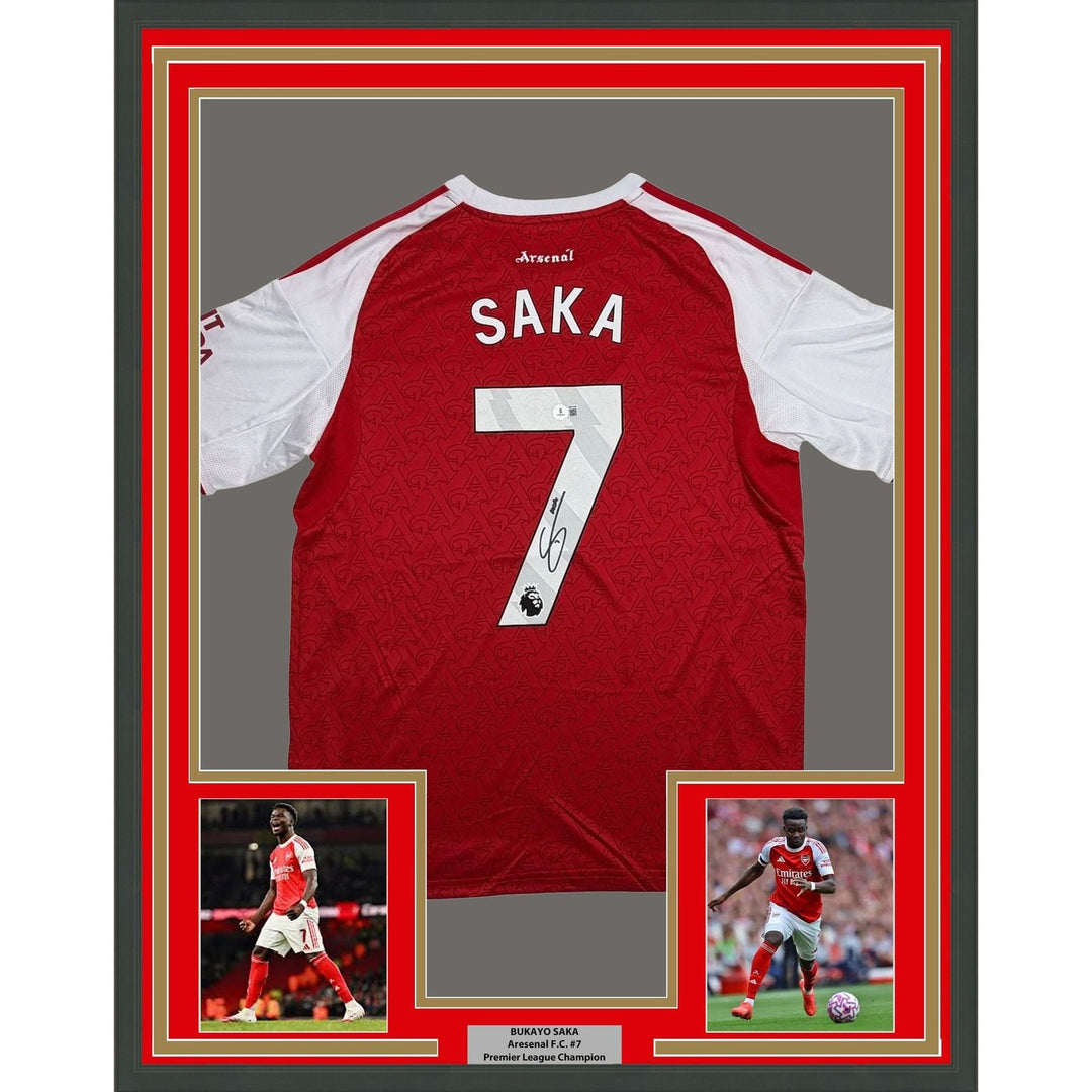 Framed Autographed/Signed Buyako Saka 35x39 Arsenal Red Jersey Beckett COA