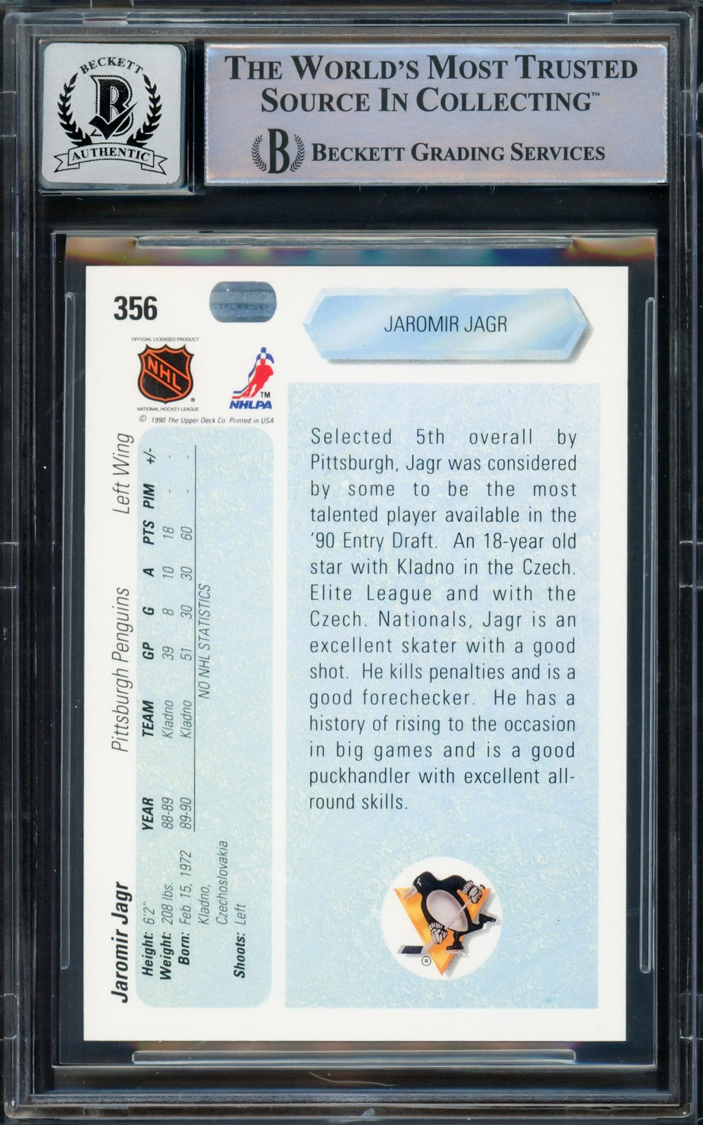 Jaromir Jagr Signed 1990-91 Upper Deck RC 356 Penguins Auto GM 10 Beckett