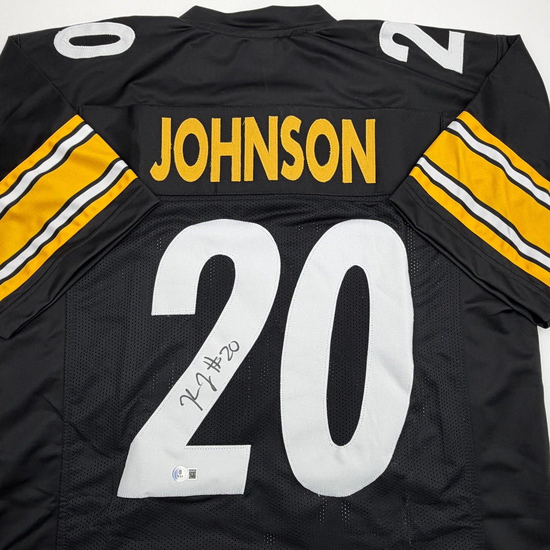 Autographed/Signed Kaleb Johnson Pittsburgh Black Football Jersey Beckett COA