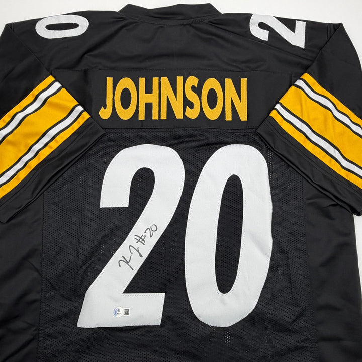 Autographed/Signed Kaleb Johnson Pittsburgh Black Football Jersey Beckett COA