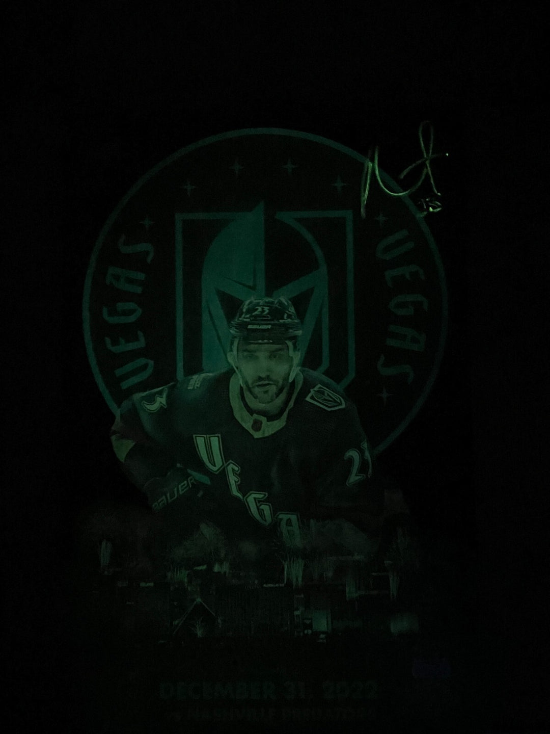 Alec Martinez Vegas Golden Knights 12/31/22 Glow Signed 11x17 Gameday Photo COA
