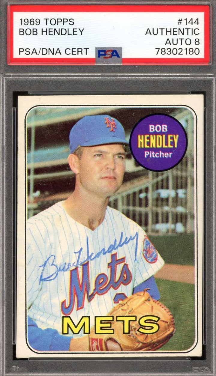Bob Hendley NM MT 8 PSA DNA Signed 1969 Topps Mets Key Card Autograph