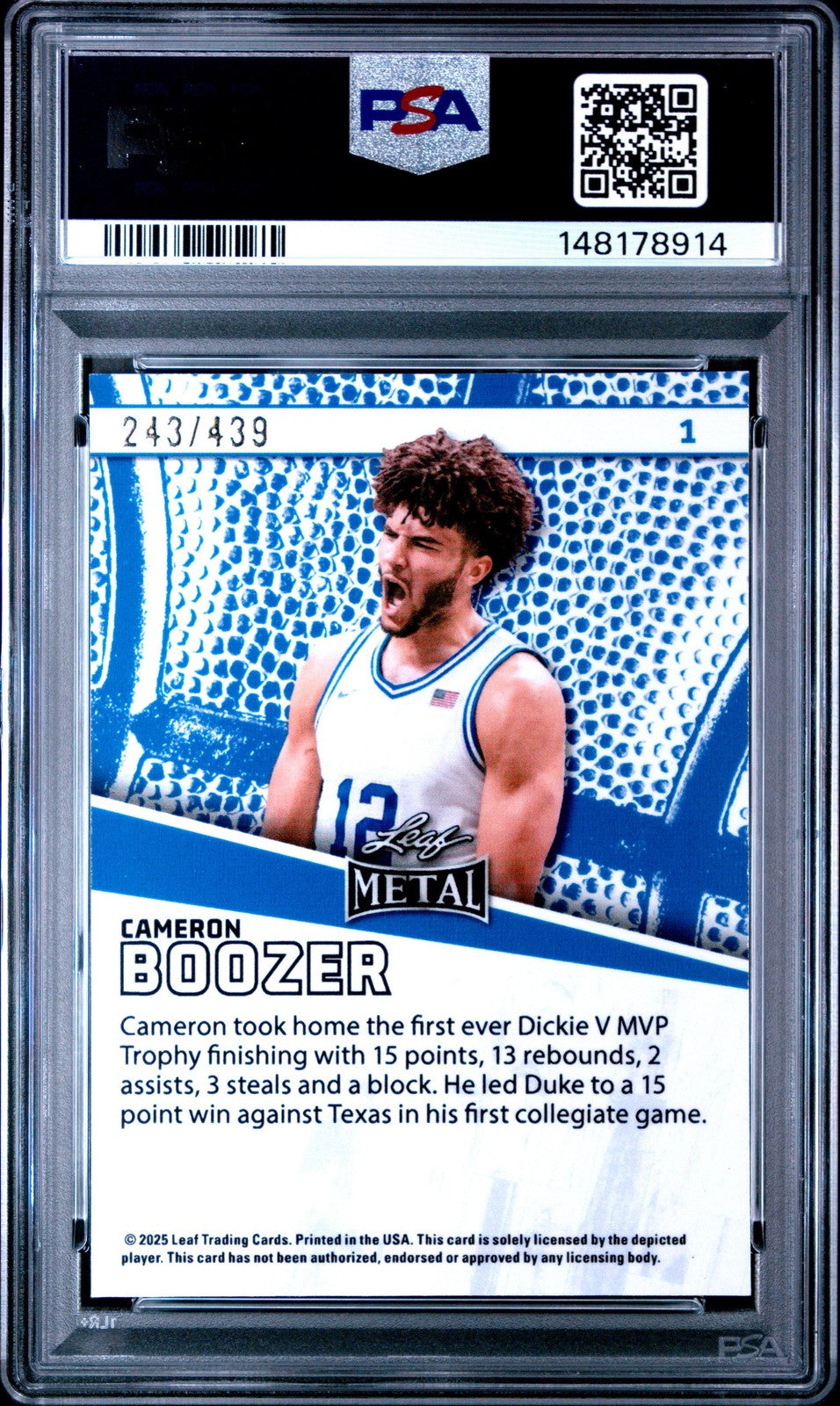 Graded 2025 Leaf Cameron Boozer #1 Rookie RC Basketball Card PSA 9 Mint