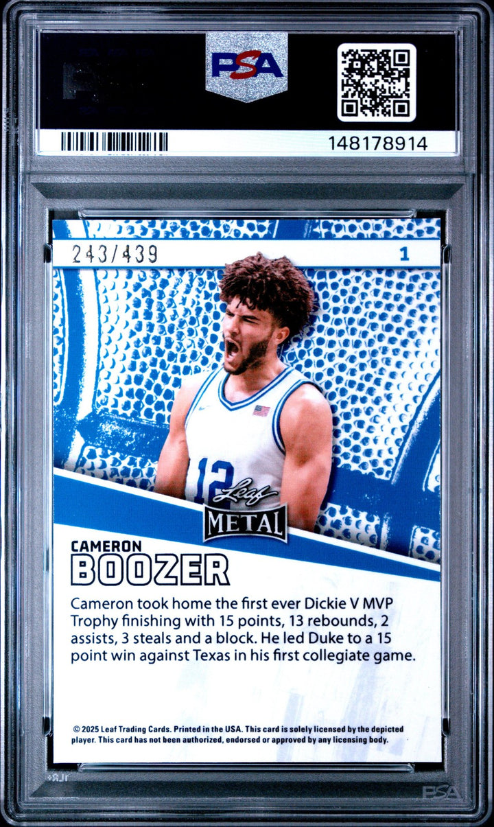Graded 2025 Leaf Cameron Boozer #1 Rookie RC Basketball Card PSA 9 Mint