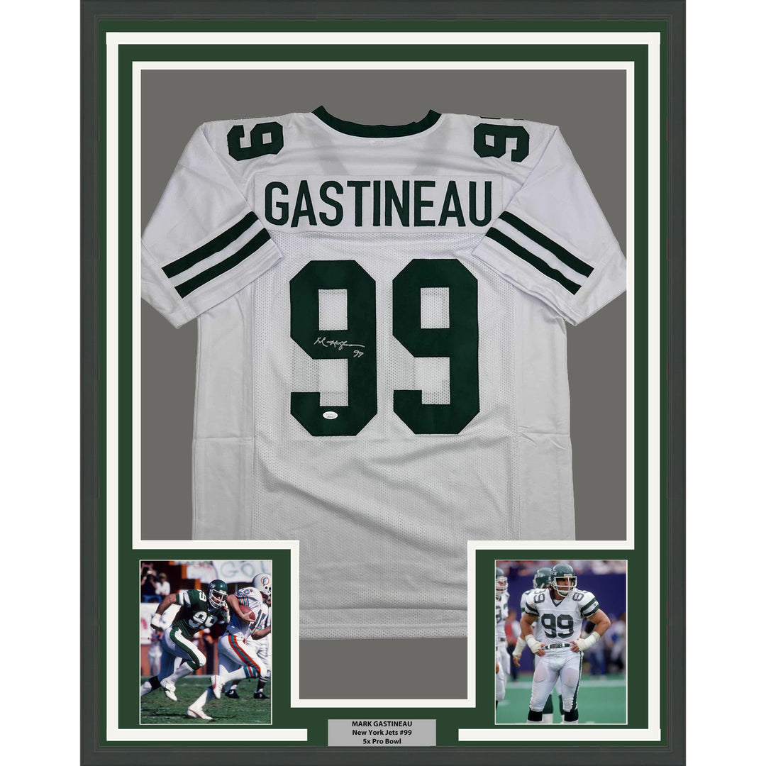 Framed Autographed/Signed Mark Gastineau 35x39 New York White Jersey JSA COA