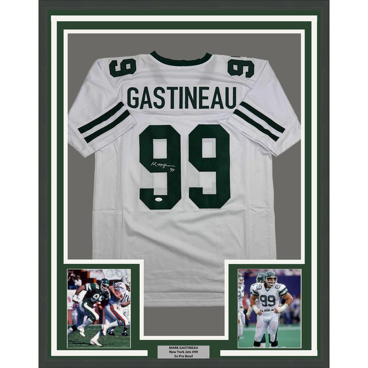 Framed Autographed/Signed Mark Gastineau 35x39 New York White Jersey JSA COA