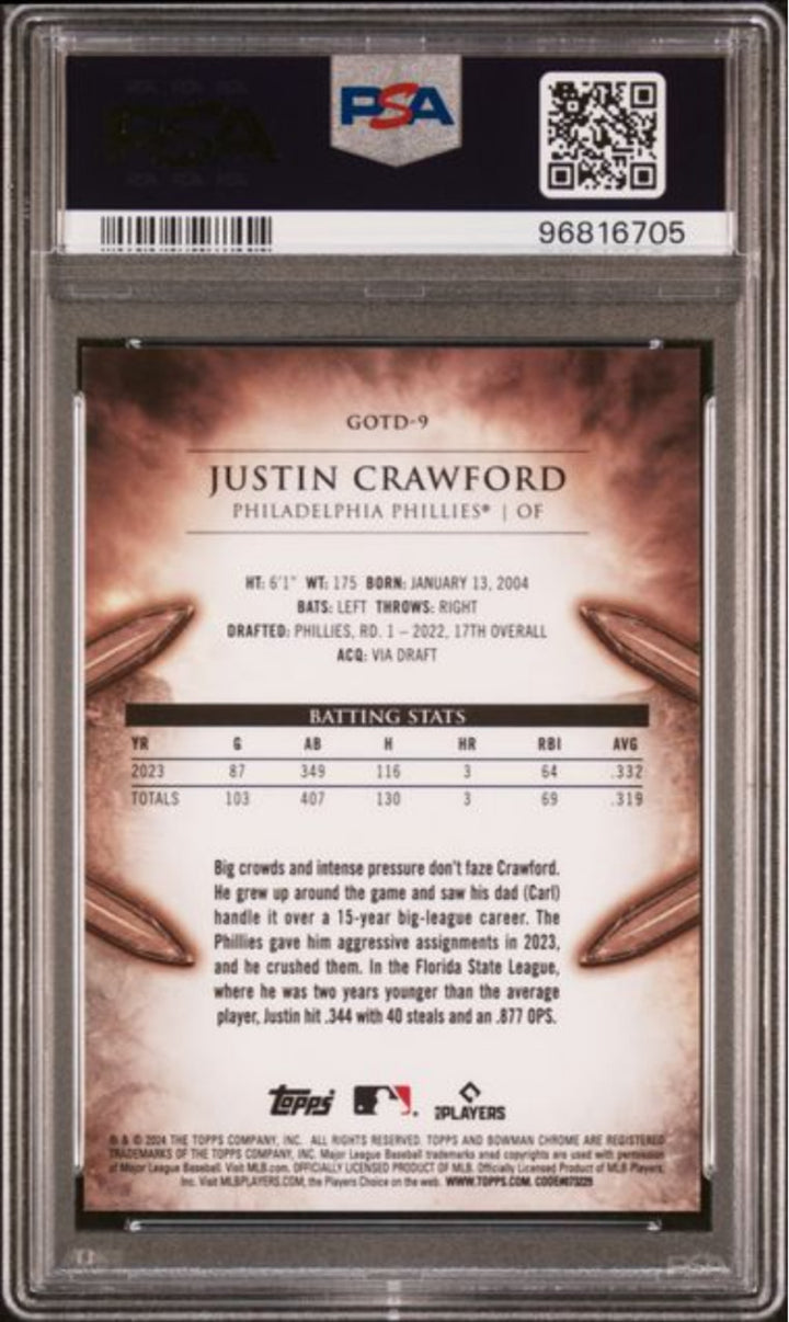 Graded 2024 Topps Bowman Justin Crawford #GOTD9 Rookie RC Baseball Card PSA 10