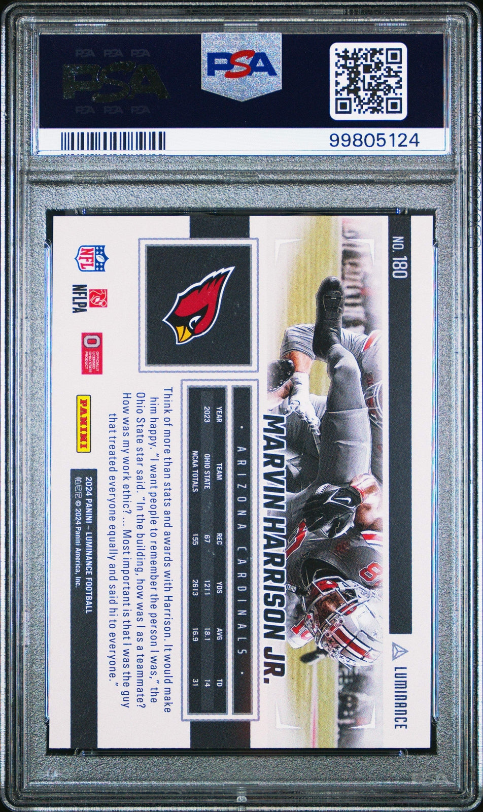 Graded 2024 Panini Luminance Marvin Harrison Jr #180 Rookie Football Card PSA 10