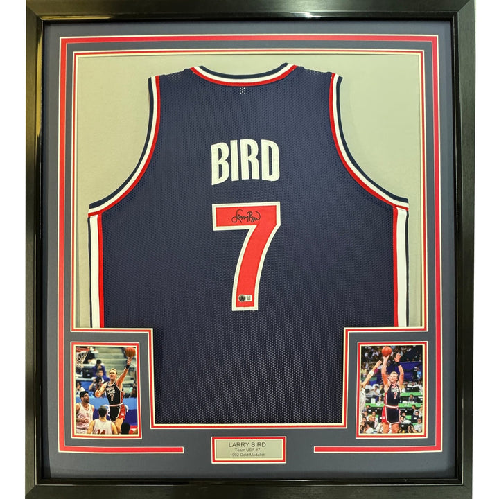Framed Signed Larry Bird 35x39 USA Blue 92 Dream Team Jersey COA