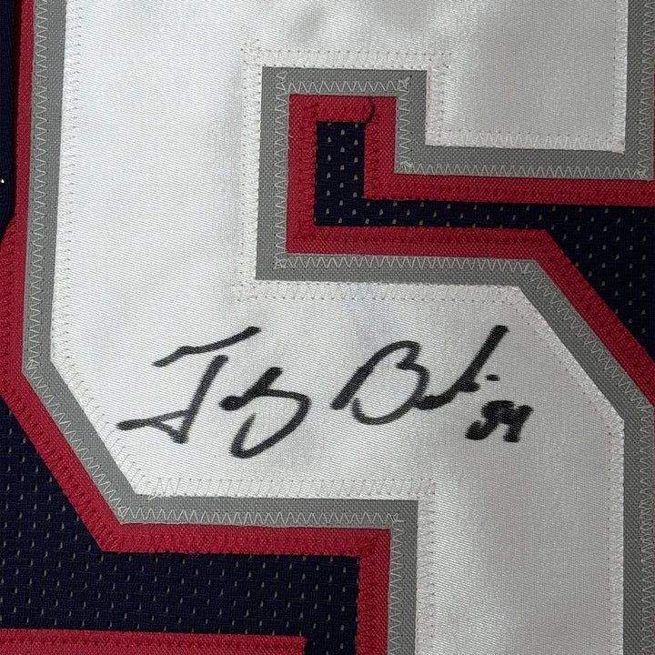 Framed Signed Tedy Bruschi 35x39 New England Blue Jersey JSA COA
