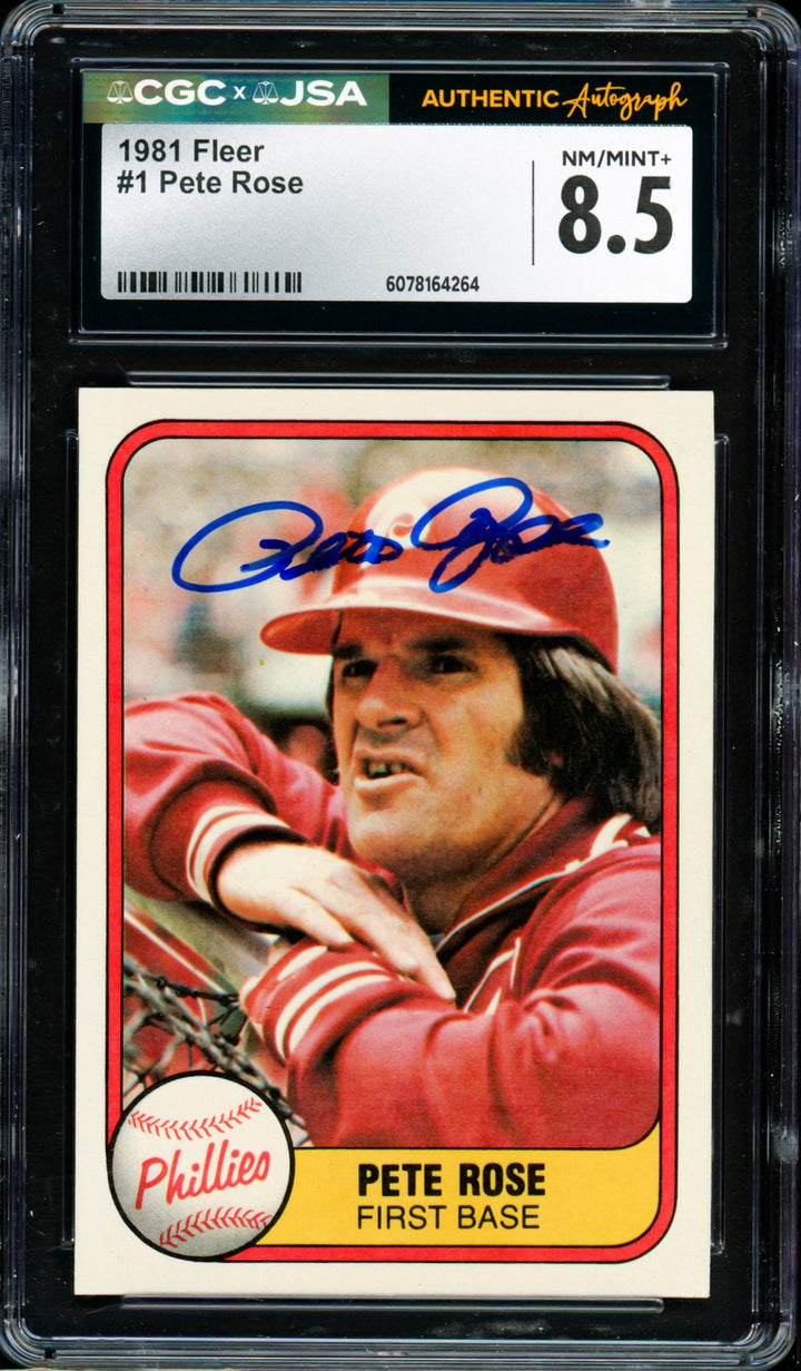 Pete Rose Signed 1981 Fleer Card 1 Phillies Card 8.5 CGC x JSA