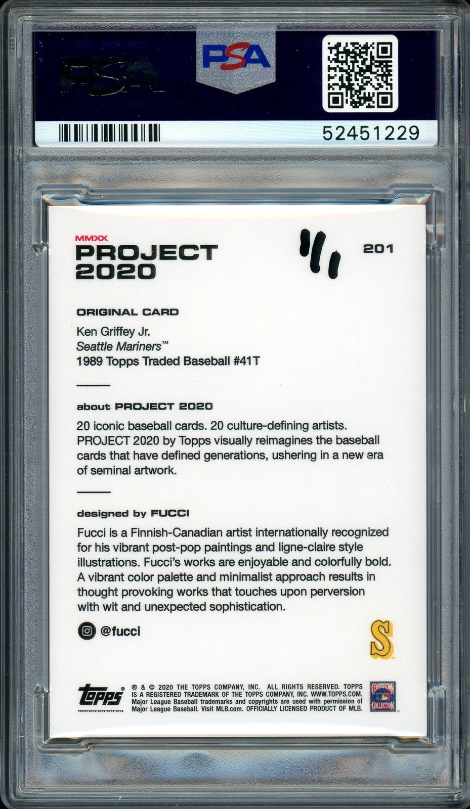 Ken Griffey Jr. Auto Topps Project 2020 Fucci Card 201 Mariners 1989 1/1 PSA/DNA