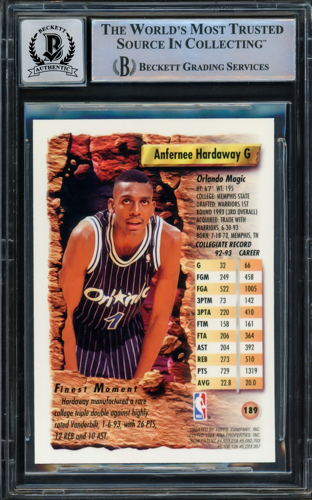 Anfernee Hardaway Signed 1993-94 Topps Finest RC 189 Magic Auto GM 10 Beckett