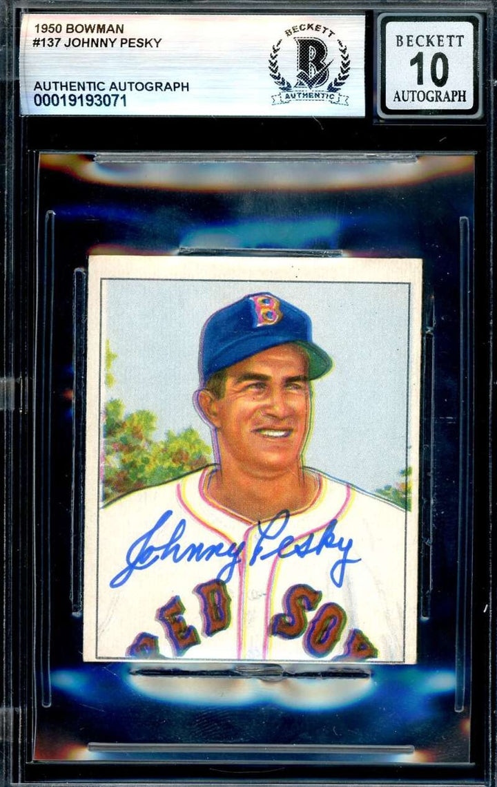 Johnny Pesky Gem Mint 10 Beckett BAS Signed 1950 Bowman Autograph
