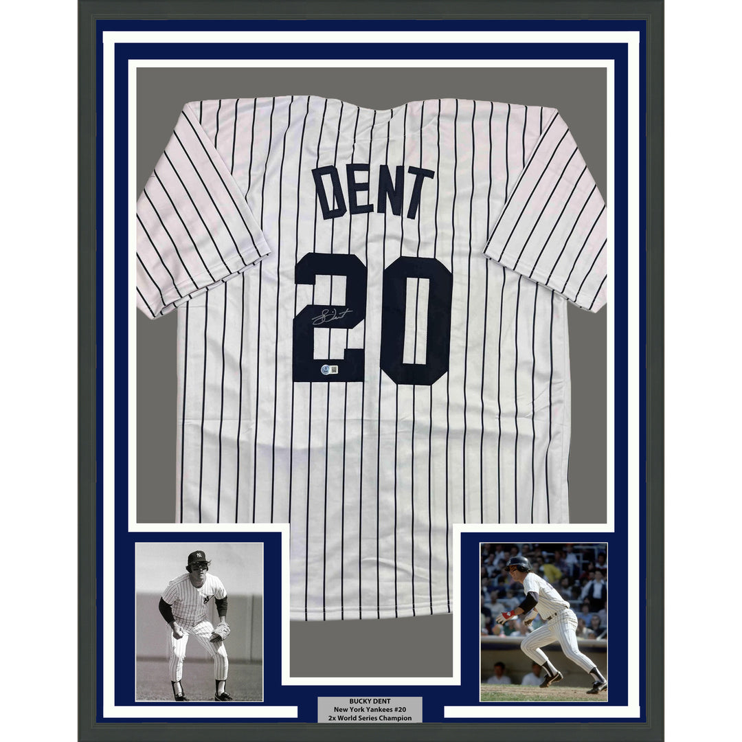 Framed Autographed/Signed Bucky Dent 35x39 New York Pinstripe Jersey Beckett COA