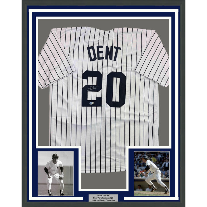 Framed Autographed/Signed Bucky Dent 35x39 New York Pinstripe Jersey Beckett COA