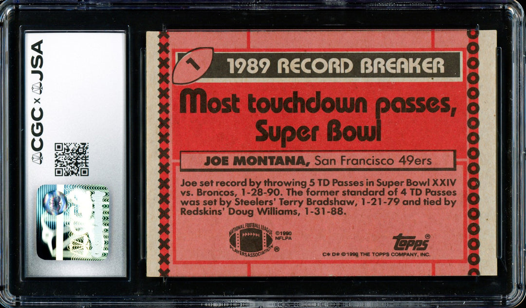 Joe Montana Signed 1990 Topps Card 1 San Francisco 49ers Auto GM 10 CGC x JSA