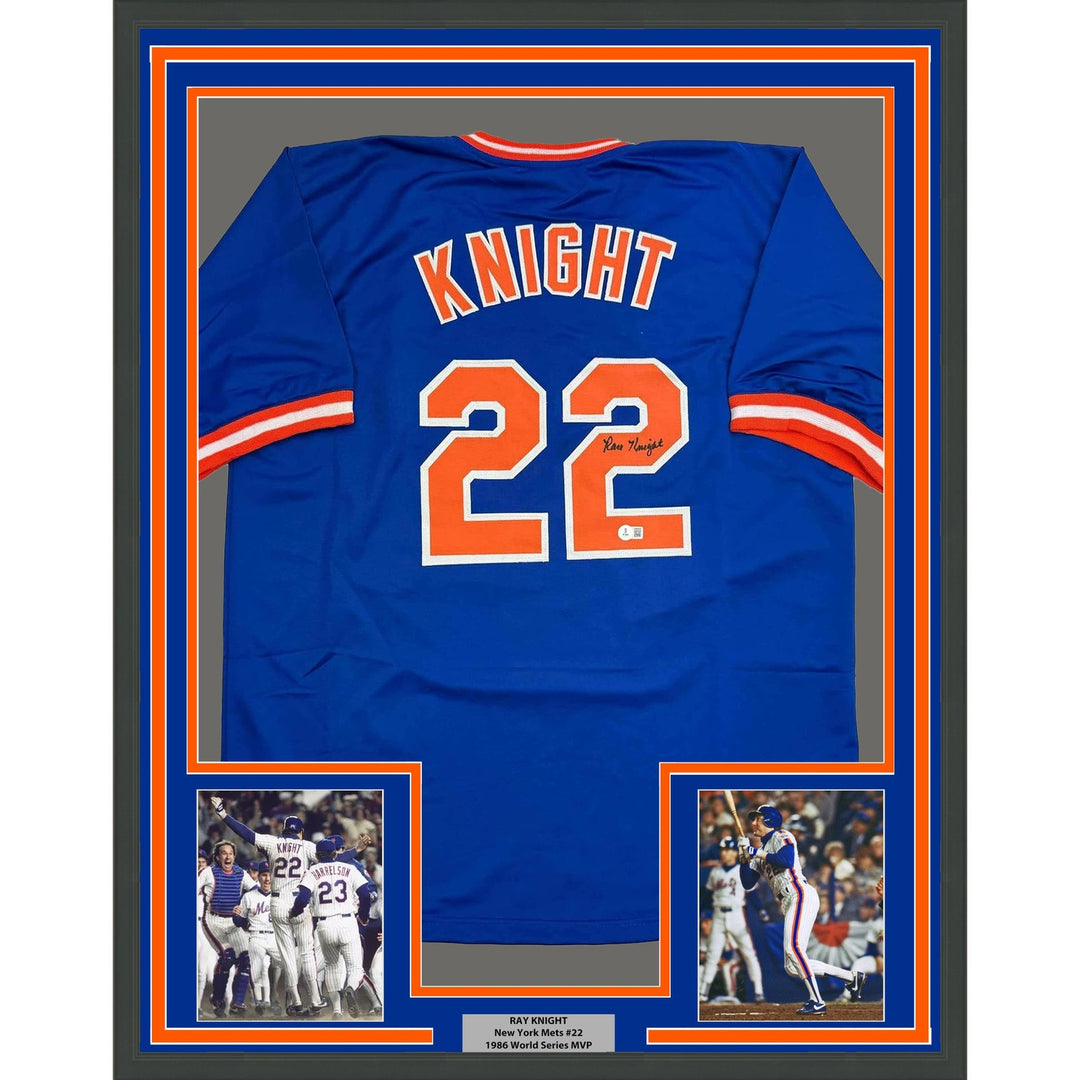 Framed Autographed/Signed Ray Knight 35x39 New York Blue Jersey BAS COA