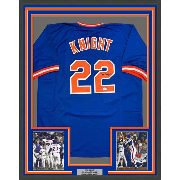 Framed Autographed/Signed Ray Knight 35x39 New York Blue Jersey BAS COA
