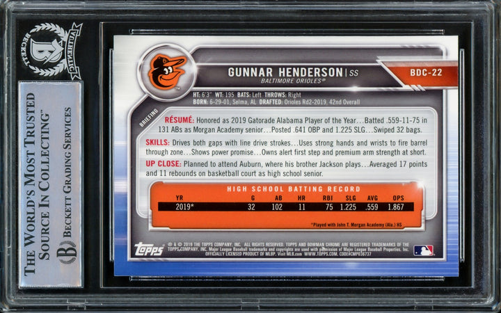 Gunnar Henderson Auto 2019 Bowman Draft Chrome RC BDC-22 1st HR 8/31/22 Beckett