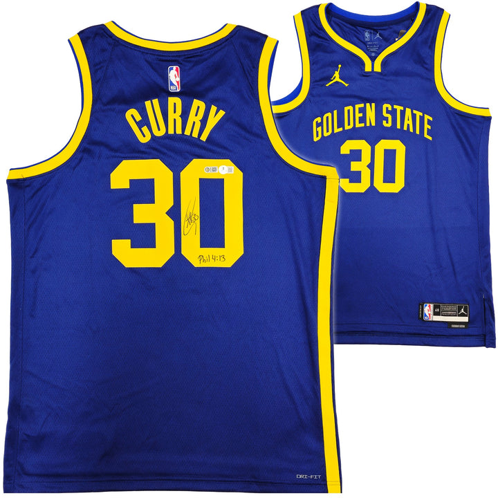 Warriors Stephen Curry Auto Blue Nike Jordan Statement Jersey 48 Bible Verse BAS
