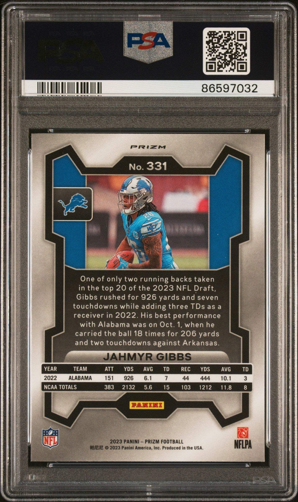 Graded 2023 Donruss Jahmyr Gibbs #331 Neon Green Pulsar RC Football Card PSA 10