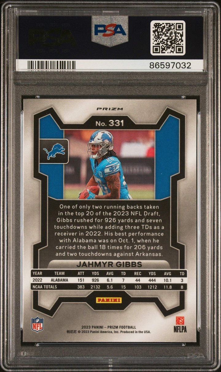 Graded 2023 Donruss Jahmyr Gibbs #331 Neon Green Pulsar RC Football Card PSA 10