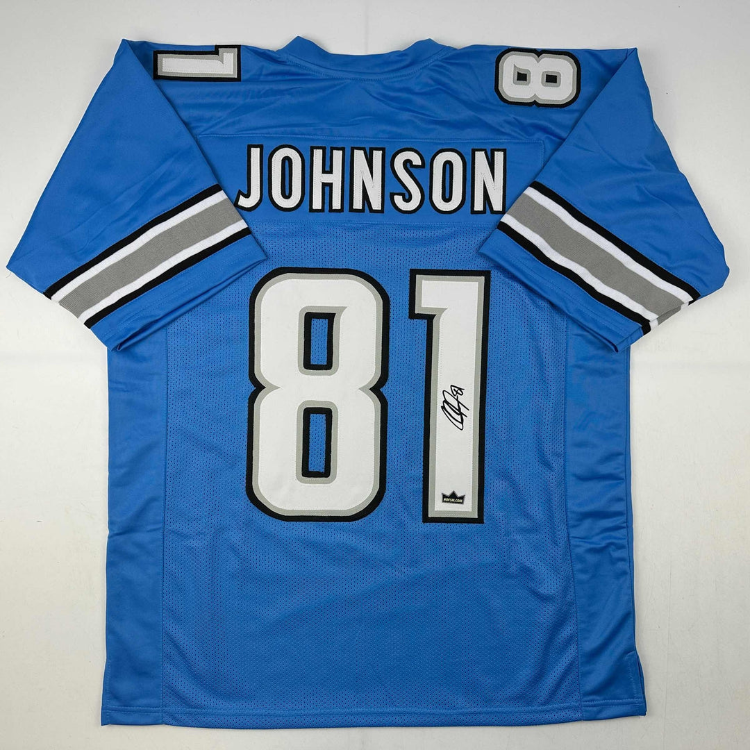 Facsimile Autographed Calvin Johnson Detroit Blue Reprint Jersey Size Men's XL