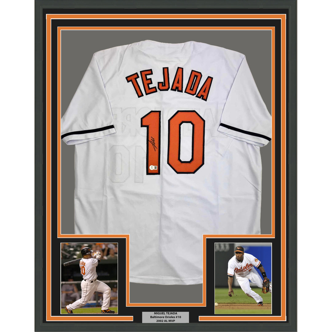 Framed Autographed/Signed Miguel Tejada 35x39 Baltimore White Jersey Beckett COA