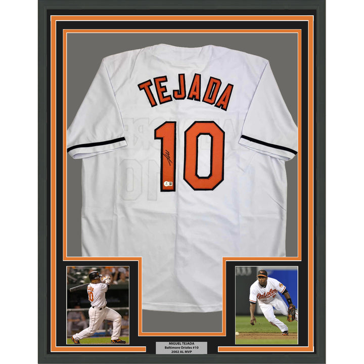Framed Autographed/Signed Miguel Tejada 35x39 Baltimore White Jersey Beckett COA