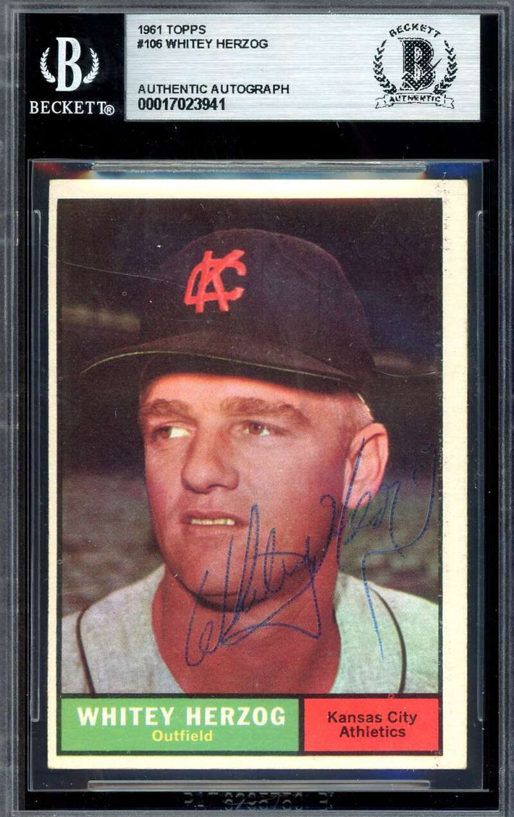 Whitey Herzog Beckett BAS Vintage Signed 1961 Topps Autograph