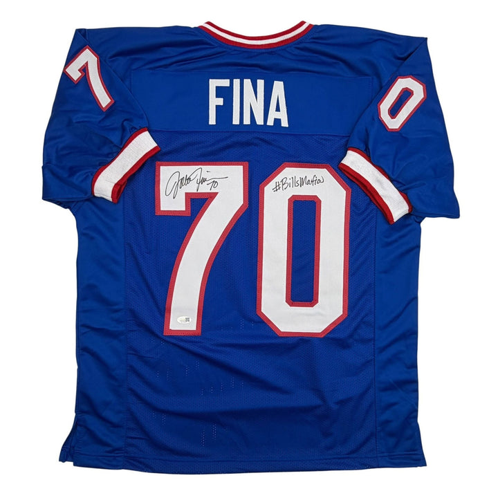 Autographed/Signed John Fina Buffalo Blue Football Jersey JSA COA