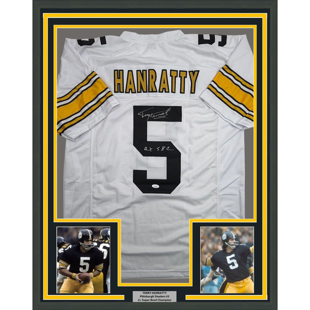Framed Signed Terry Hanratty 35x39 Pittsburgh White Jersey JSA COA