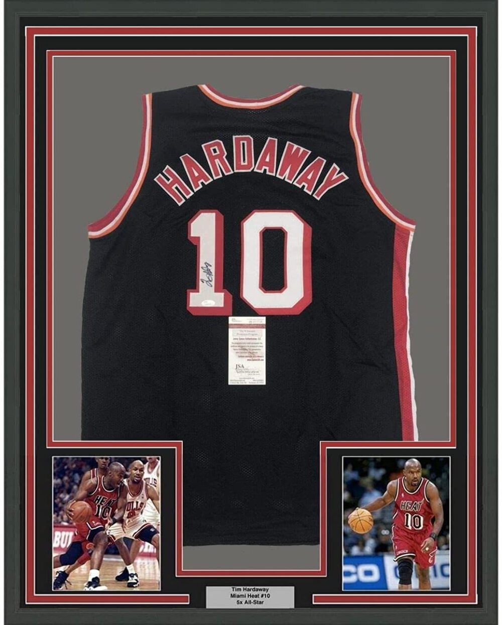 FRAMED Autographed/Signed TIM HARDAWAY 33x42 Miami Black Jersey JSA COA Auto