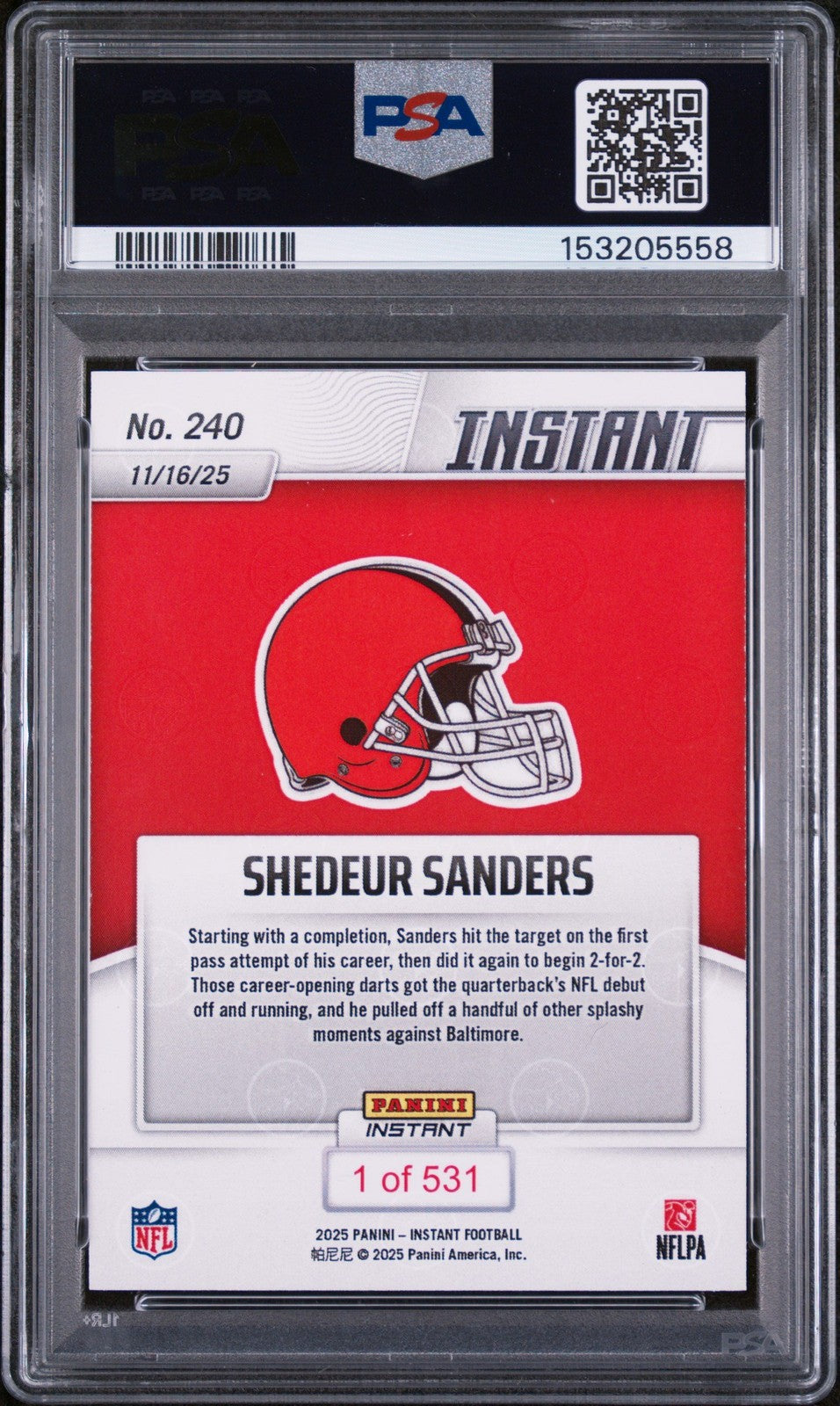Graded 2025 Panini Instant Shedeur Sanders #240 Rookie RC Card PSA 10