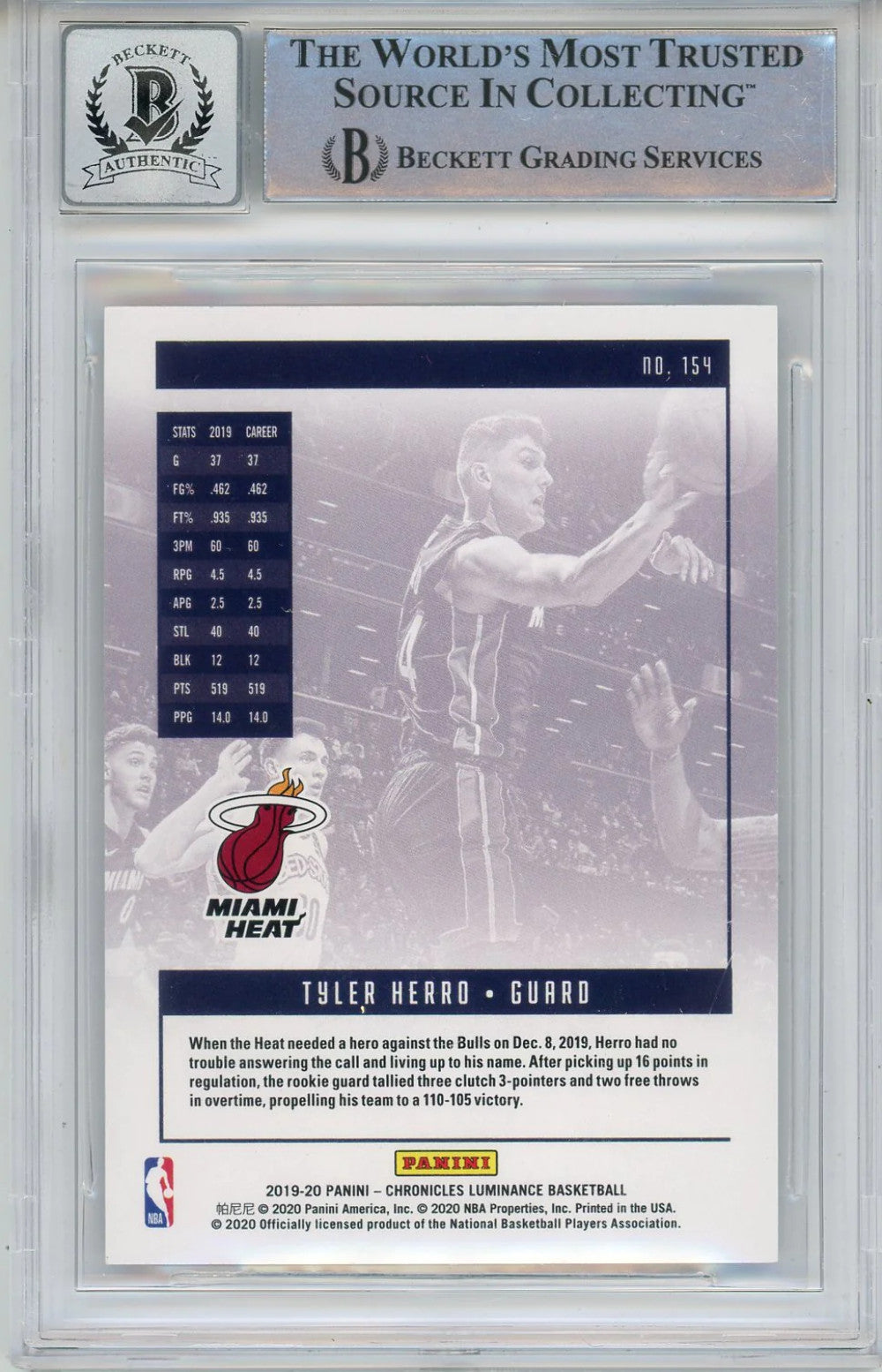 Tyler Herro Autographed 2019-20 Panini Chronicles Luminance Rookie Card #154 (BG