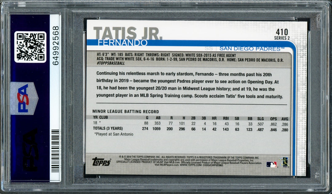 Fernando Tatis Jr. Signed 2019 Topps RC 410 Padres PSA 10 Auto GM 10 PSA/DNA