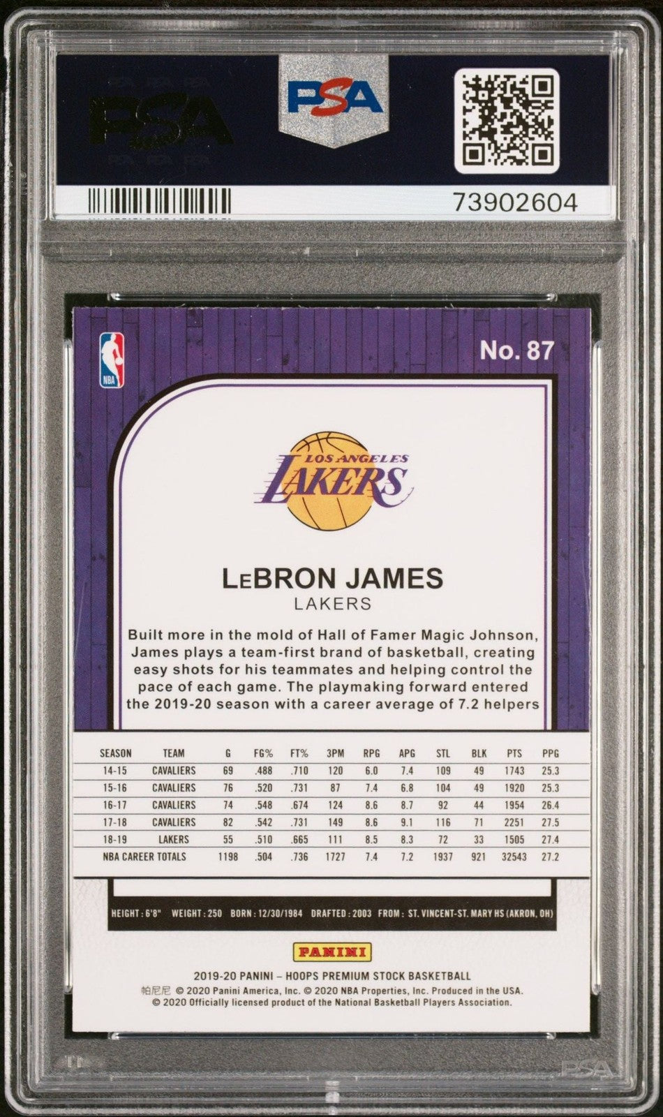 Graded 2019 Panini NBA Hoops Premium Stock LeBron James #87 Card PSA 10