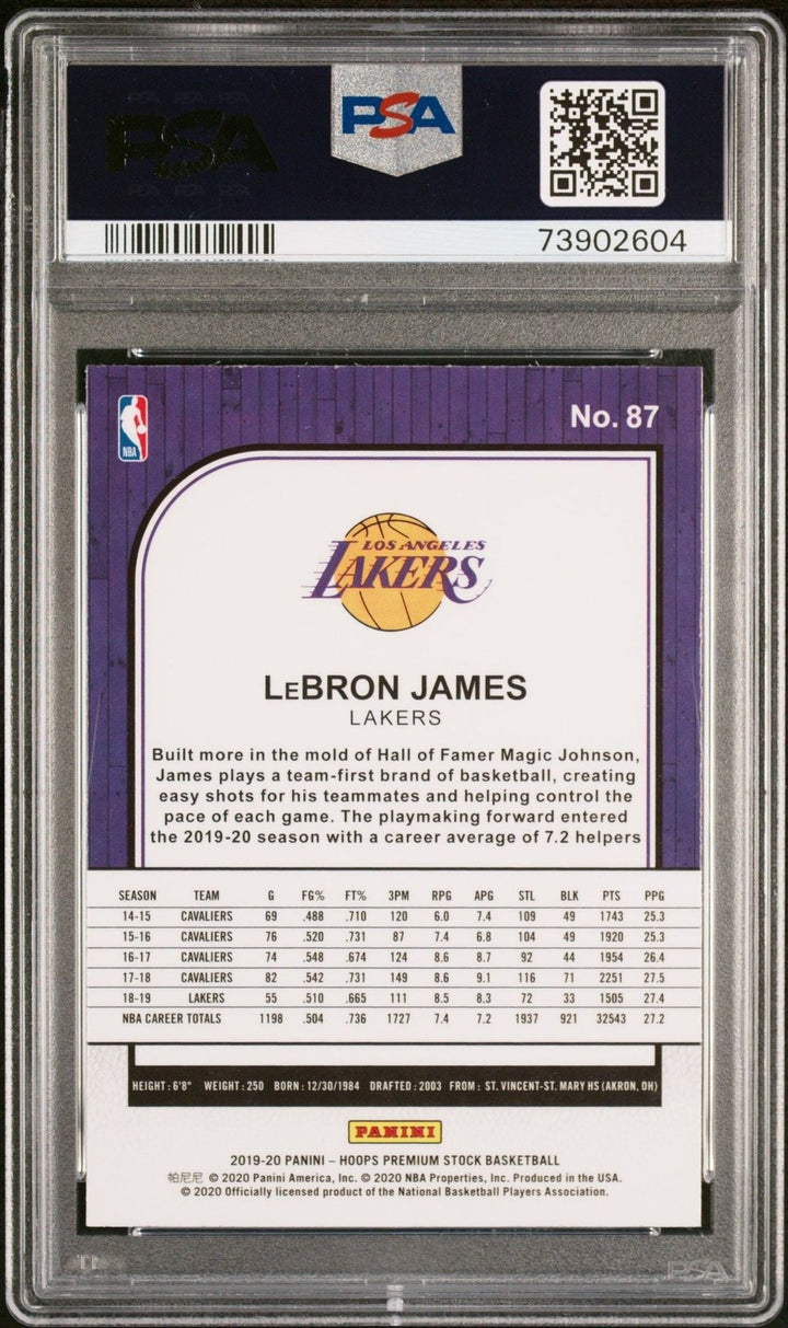Graded 2019 Panini NBA Hoops Premium Stock LeBron James #87 Card PSA 10