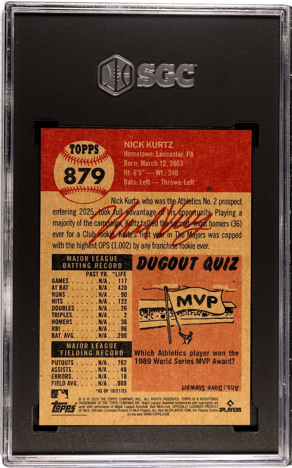Graded 2025 Topps Living Nick Kurtz #879 Rookie RC Card SGC 10 Gem Mint