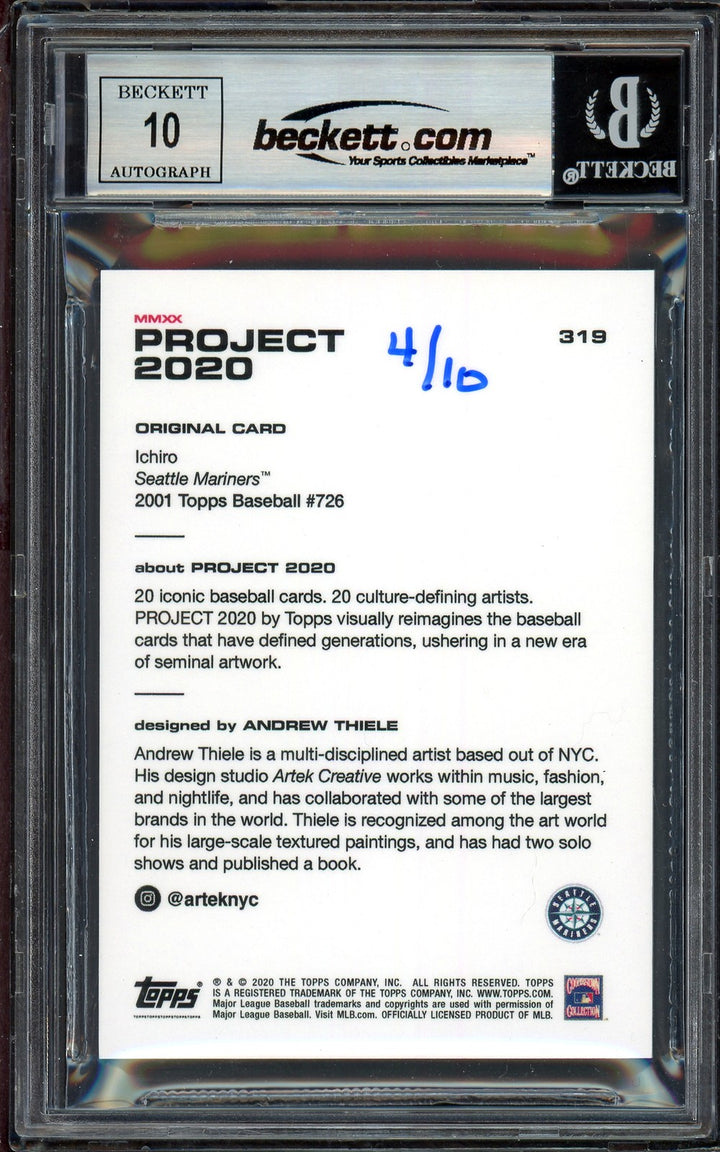 Ichiro Suzuki Auto Topps Project 2020 Andrew Thiele Card 319 Sig 10 /10 BAS