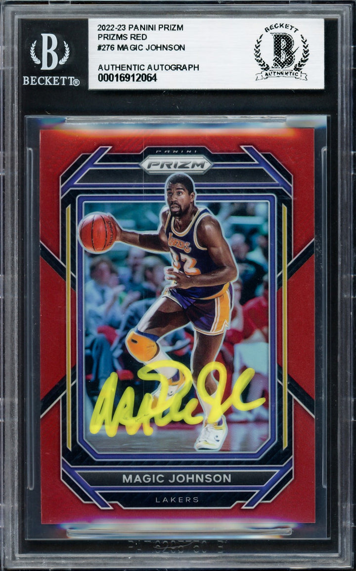 Magic Johnson Auto 2022-23 Panini Prizm Red Card 276 Card Lakers /299 Beckett