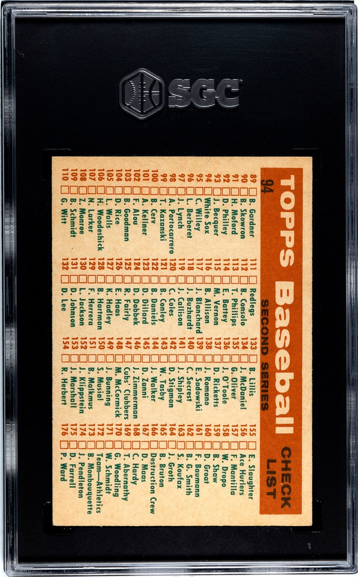 1959 Topps Chicago White Sox Team Check List Card #94- SGC Graded 6.5 EX-NM+