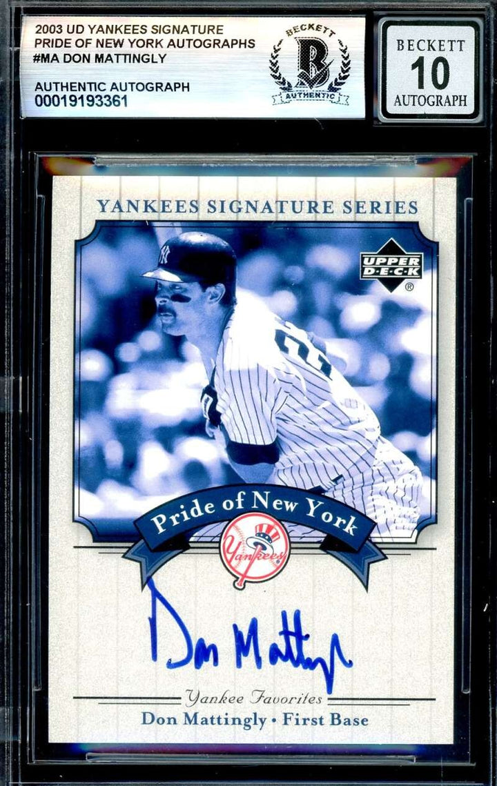 Don Mattingly Gem Mint 10 Beckett BAS Signed 2003 Upper Deck Yankees Series Auto